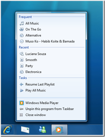 Windows Media Player JumpList